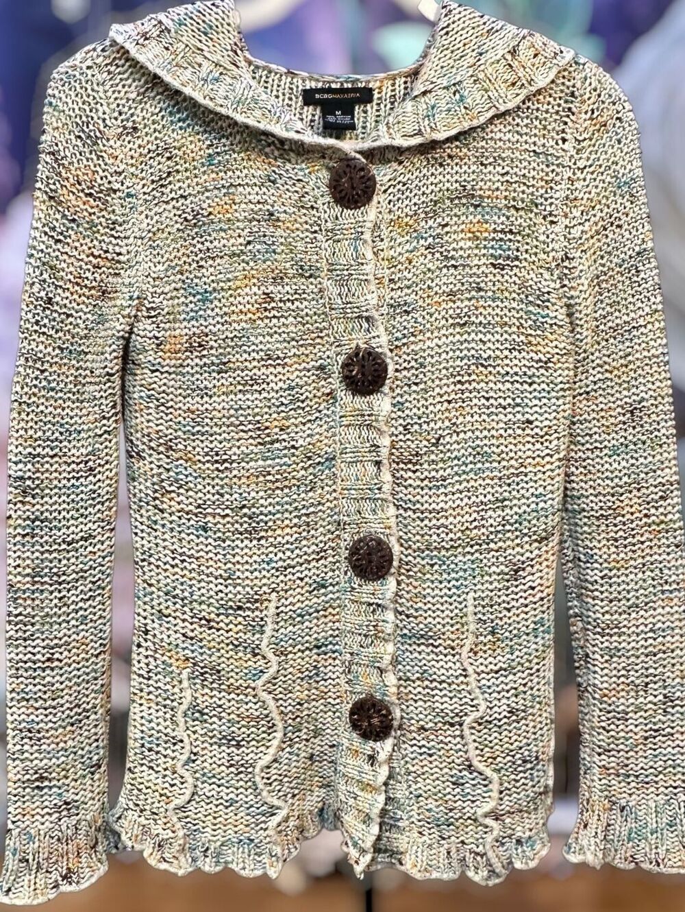 BCBGMAXAZRIA M Hooded Cardigan Sweater Fairycore Cottagecore Marled Ruffle Knit